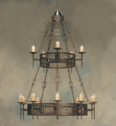 A beautifully crafted wrought iron chandelier featuring intricate scrollwork and multiple candle holders, elegantly suspended from a chain.