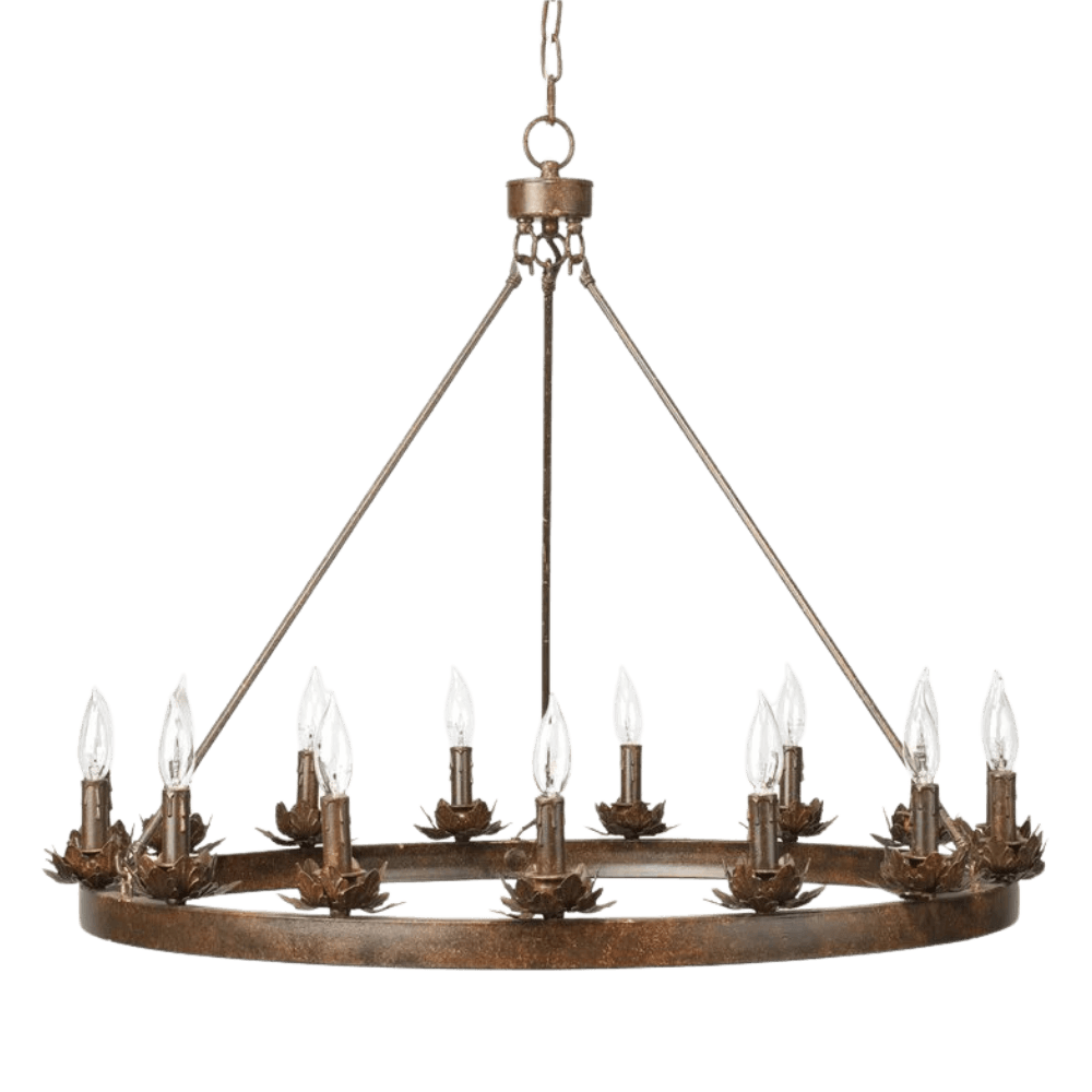 A rustic wrought iron chandelier featuring a circular design with ten candle-like bulbs, elegantly supported by slender arms and floral accents.