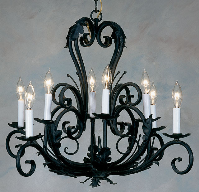 Elegant wrought iron chandelier featuring intricate scrollwork and candle-like bulbs. The design blends classic artistry with a warm ambiance, perfect for enhancing any space.
