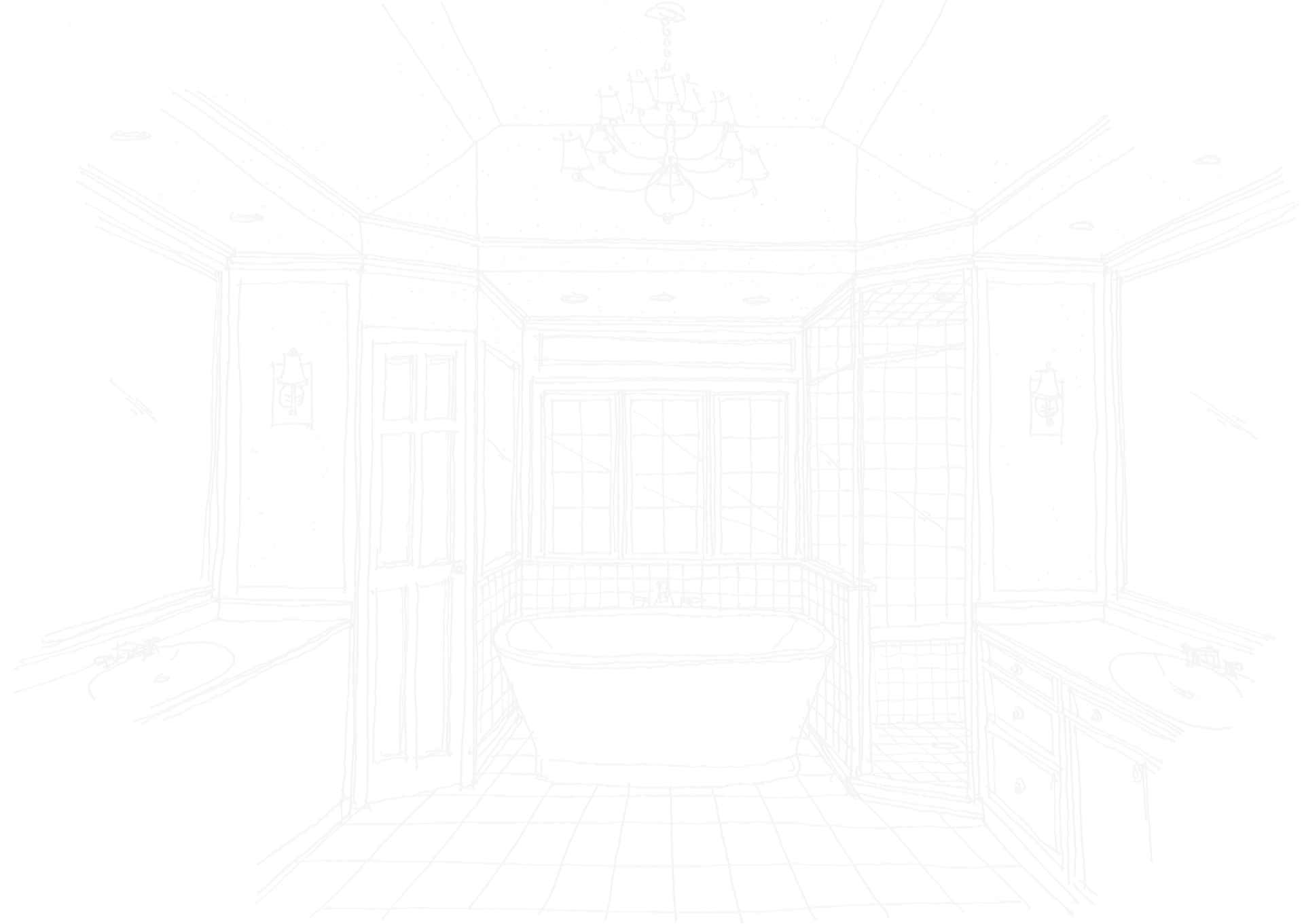 A beautifully designed bathroom sketch featuring an elegant chandelier overhead and matching wall sconces. The space includes a freestanding tub and double sinks, showcasing intricate tile work throughout. Natural light pours in through large windows, creating a warm and inviting atmosphere.
