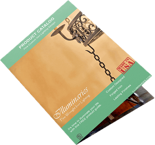 A product catalog cover featuring an elegant wrought iron fixture with intricately designed curves. The catalog highlights custom lighting solutions in various finishes.