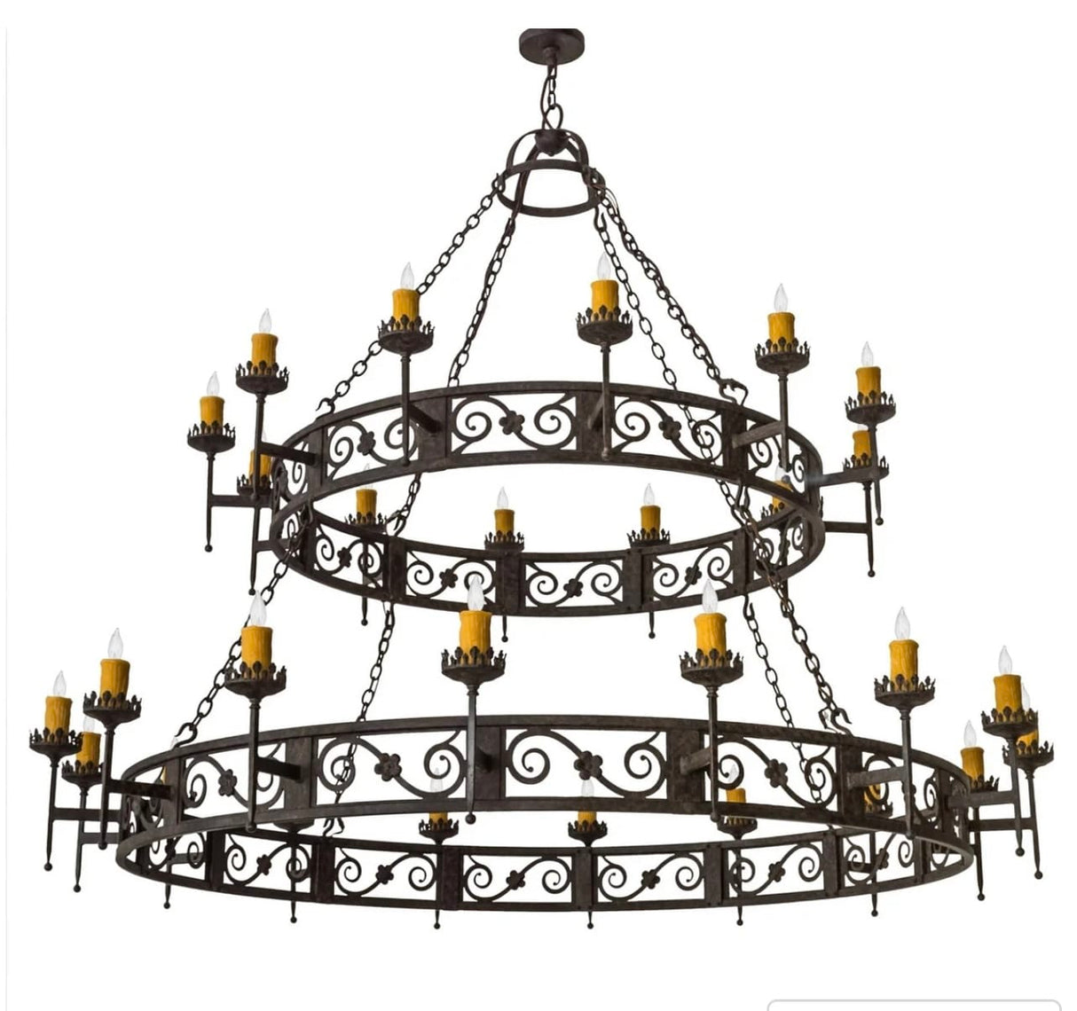 This striking chandelier features two circular tiers adorned with intricate wrought iron scrollwork. Each tier holds multiple candle-like bulbs, adding a warm glow to any space. The contrasting gold accents enhance its elegant design, making it a captivating centerpiece for dining areas or grand entryways. Perfectly combines traditional craftsmanship with a timeless aesthetic.
