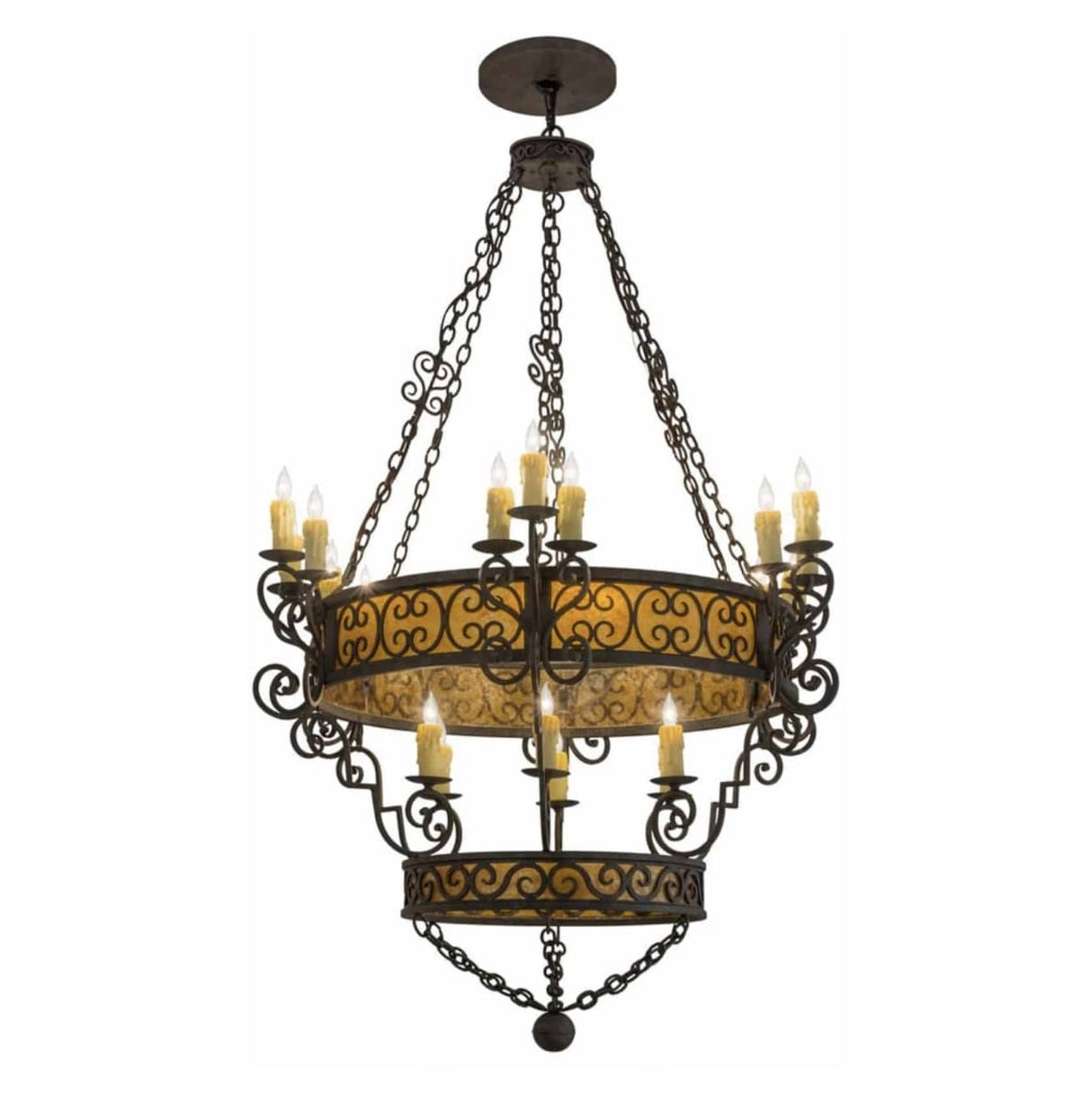 A beautifully crafted chandelier featuring a dual-layer design with intricate wrought iron scrollwork and an amber glass shade. Ten candle-like bulbs illuminate the space elegantly, suspended by a chain from a circular ceiling mount, adding a touch of rustic charm to any room.