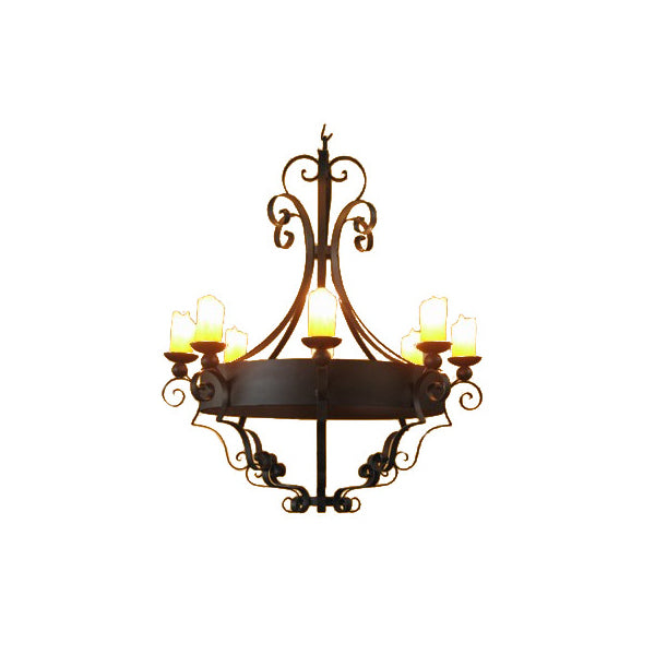 Elegant wrought iron chandelier featuring intricate scrollwork and six candle-like lights, adding warmth and charm to any space.