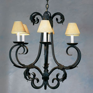 A beautifully crafted wrought iron chandelier featuring elegant curves and four lampshades. The intricate design showcases artistic flourishes, making it a stunning centerpiece for any room.
