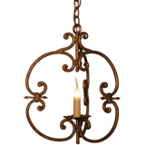 Elegant wrought iron pendant light featuring intricate scrollwork and a single candle-style bulb. Perfect for adding warmth and charm to any space.