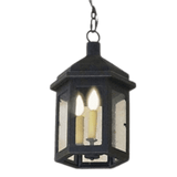 A classic hanging pendant featuring a hexagonal design, finished in a rich dark hue. It illuminates with two flame-shaped bulbs behind clear glass panels, adding warmth and elegance to any space.