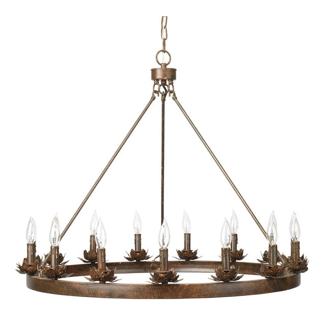 A circular wrought iron chandelier featuring elegant candle-like fixtures, adorned with floral accents. It hangs from a chain, showcasing a timeless design that enhances any space with warm illumination.