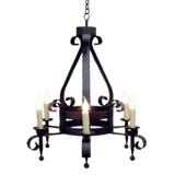 A striking wrought iron chandelier featuring a sleek design with elegant curves. It holds five candle-like bulbs that illuminate a warm glow, creating an inviting ambiance. The dark finish enhances its intricate detailing, making it a perfect centerpiece for any space.