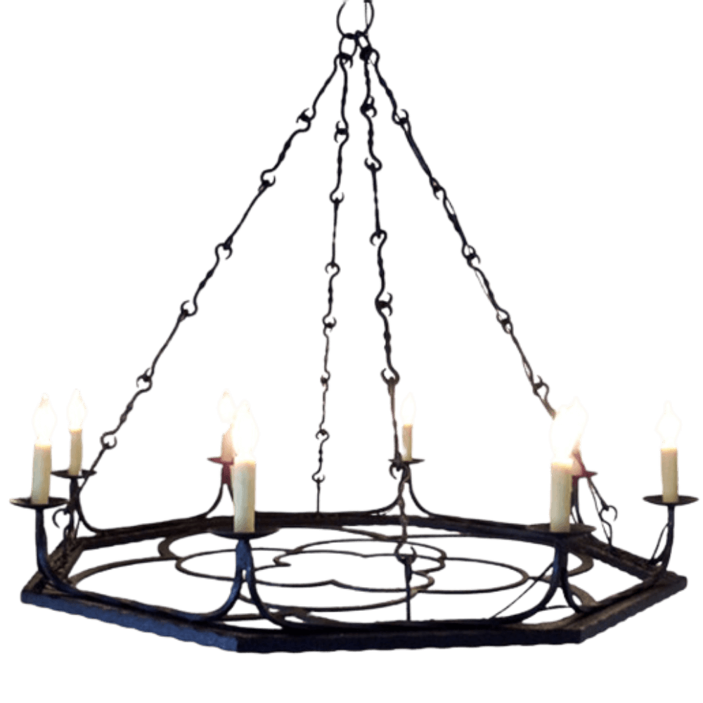 A sleek, eight-light chandelier featuring an intricate wrought iron design. It showcases elegant candle-style bulbs on a geometric frame, suspended by a chain. Ideal for adding a rustic yet sophisticated touch to any room.