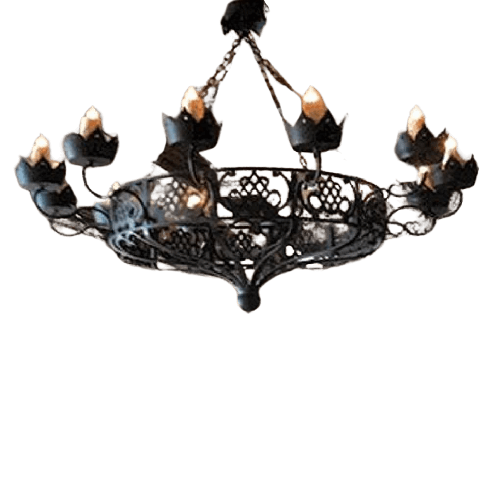 Elegant wrought iron chandelier featuring intricate designs and a dark finish, adorned with gracefully shaped candle holders for a warm glow.
