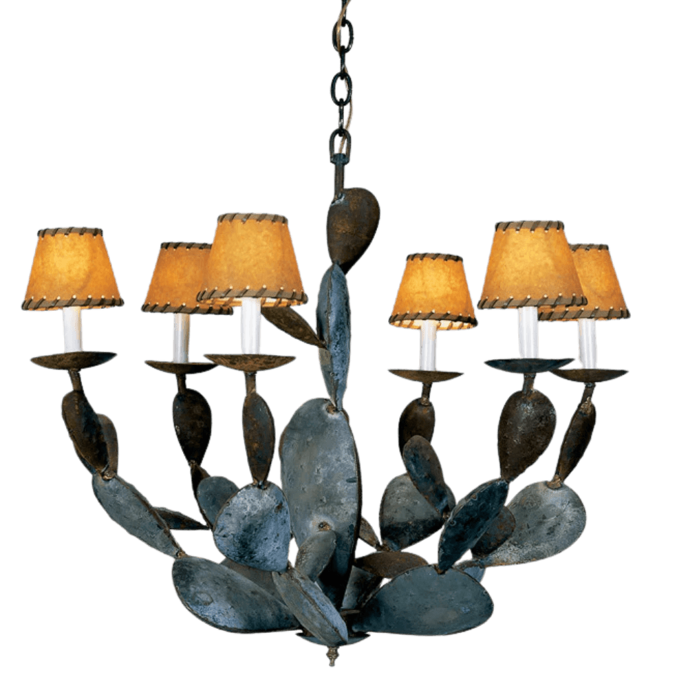 A beautifully crafted chandelier featuring six candle-like lights with warm, textured shades. The fixture showcases an elegant arrangement of dark, leaf-shaped metal, combining rustic charm with artistic design. Ideal for adding a touch of sophistication to any space.