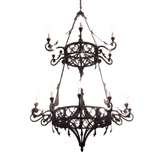 Intricately designed wrought iron chandelier featuring two tiers of gracefully curved arms, each holding elegant candle-like bulbs. The detailed scrolling and ornate elements create a classic and inviting ambiance, perfect for adding a touch of sophistication to any space.