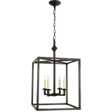 A stylish wrought iron chandelier featuring a geometric square design with four candle-style light holders, suspended by a chain from a round ceiling mount.