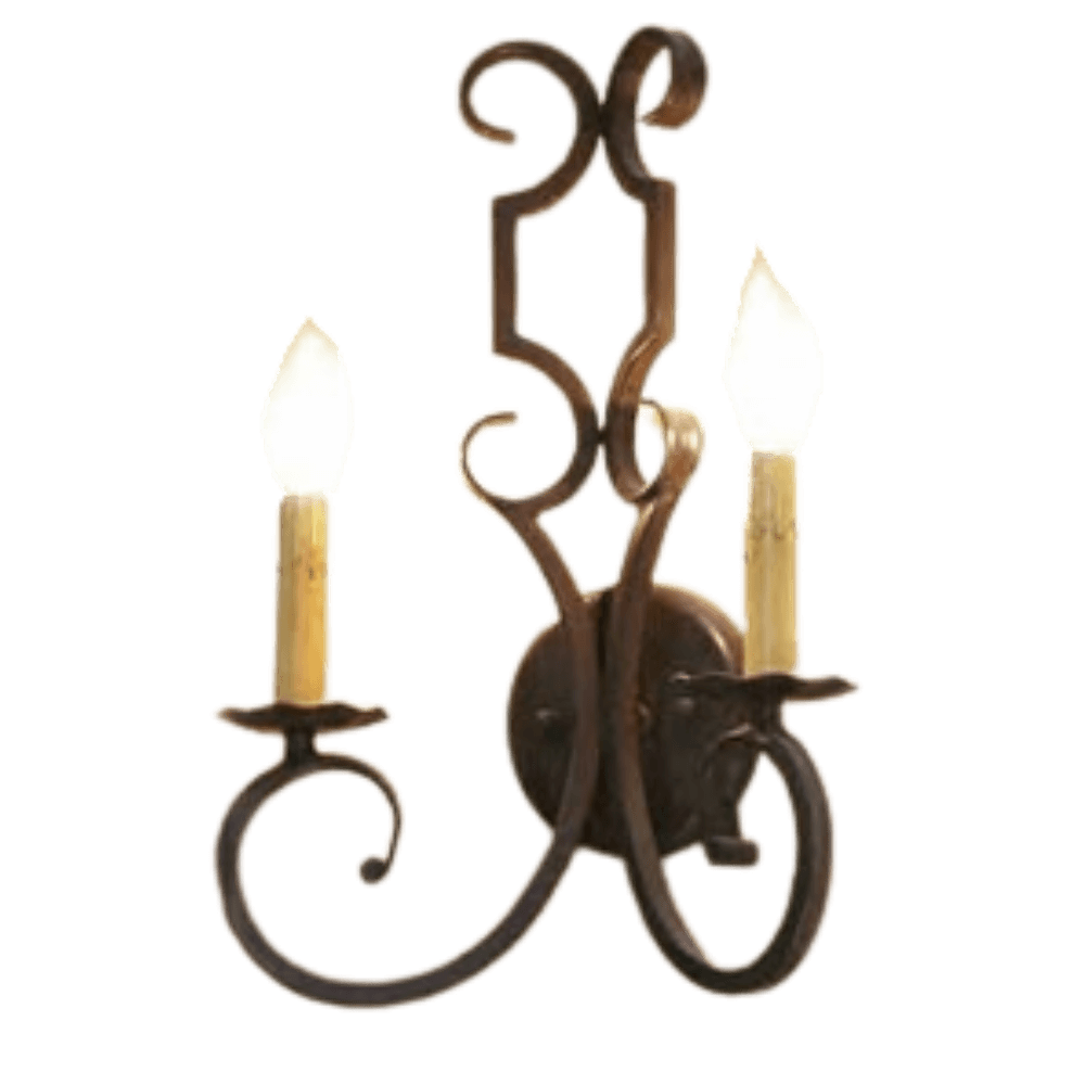 A decorative two-light wall sconce featuring elegantly curved wrought iron arms and candle-like bulbs. The rustic finish enhances its timeless appeal, perfect for adding warmth and charm to any space.