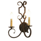 A decorative two-light wall sconce featuring elegantly curved wrought iron arms and candle-like bulbs. The rustic finish enhances its timeless appeal, perfect for adding warmth and charm to any space.