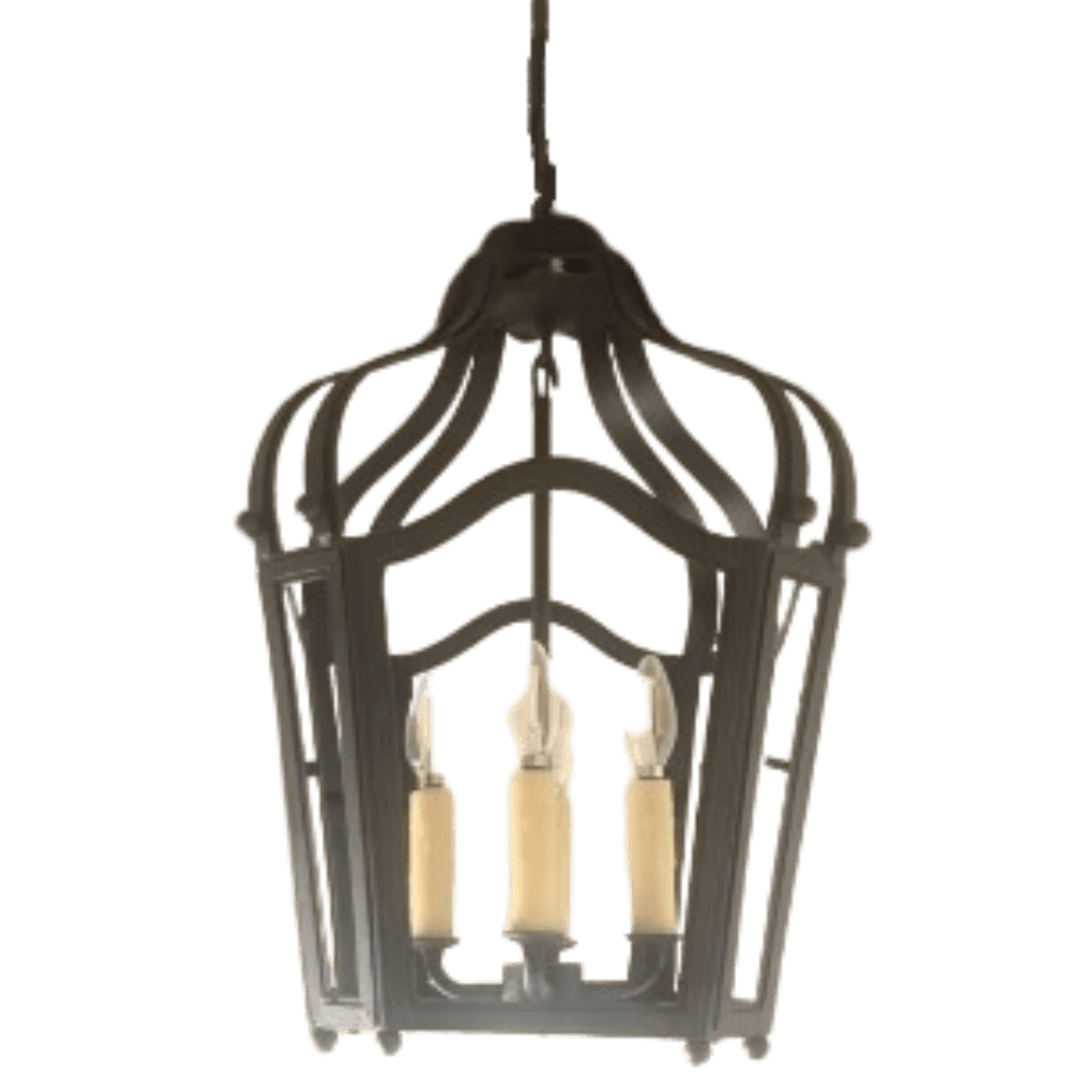 Elegant wrought iron pendant lighting with a decorative, arched design. Features three candle-style bulbs, showcasing intricate craftsmanship. Perfect for adding a rustic touch to any space.