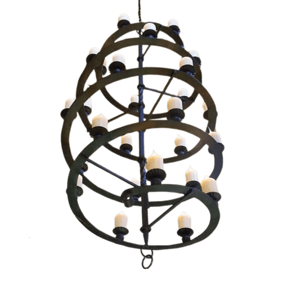 A striking chandelier featuring multiple circular levels adorned with candle-like bulbs. The intricate wrought iron design enhances any space, providing a warm, inviting glow. Ideal for enhancing rustic or elegant interiors.