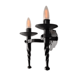 A stylish wrought iron sconce featuring two candle-like bulbs, elegantly supported by a twisted rod base. The fixture showcases intricate craftsmanship, perfect for adding a warm, inviting ambiance to any space.