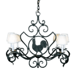 A decorative chandelier featuring intricate wrought iron scrollwork and a central design of a rooster, complemented by soft white lampshades on four arms. This piece adds a rustic charm and artistic elegance to any space.
