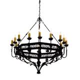 A large wrought iron chandelier featuring intricate scrollwork and multiple candle-like lights. The design showcases elegant craftsmanship, with a dark finish that enhances its dramatic appeal, making it a striking focal point for any room.