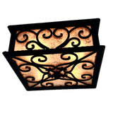 A decorative ceiling fixture with intricate wrought iron detailing and warm, glowing glass panels. The design features elegant swirls and a geometric pattern, creating an inviting ambiance for any space.