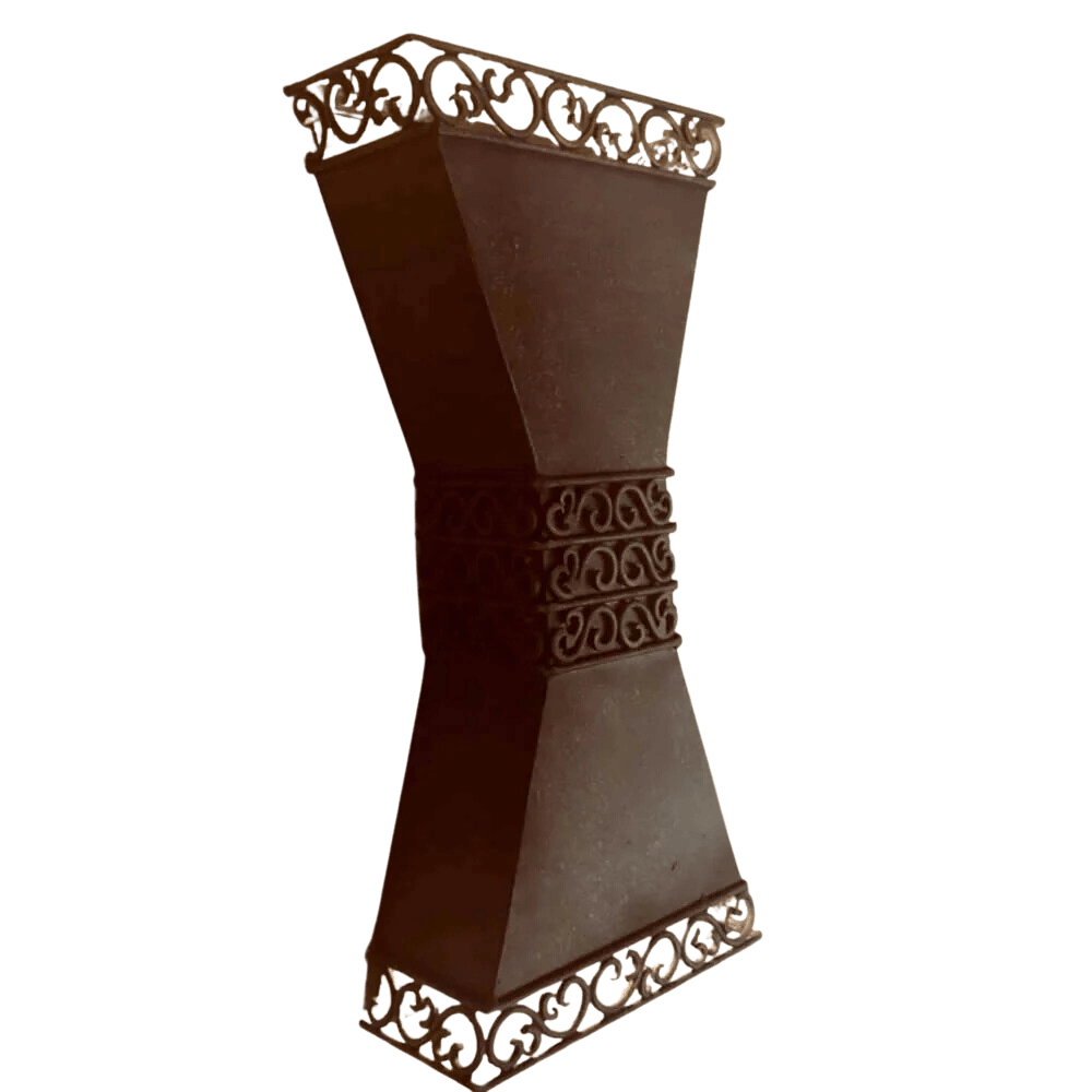Elegant wrought iron sconce featuring a deep, textured base with intricate scrollwork at the top and bottom. The design adds a touch of sophistication and warmth to any space.