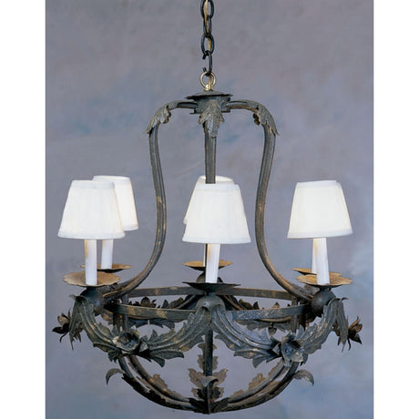 A decorative wrought iron chandelier featuring four candle-like fixtures with soft white shades, embellished with intricate leaf motifs.