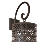 A decorative wall sconce featuring three perforated metal bands with intricate cut-out patterns, all finished in a dark hue. The elegant design includes a curved arm for attachment to the wall, enhancing the overall aesthetic. Ideal for adding a warm and inviting touch to any space.