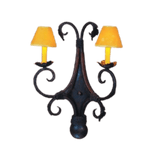 A beautifully designed wrought iron sconce featuring two yellow lampshades, elegantly curved metalwork, and intricate detailing.