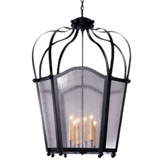 A striking pendant light features a curved, intricate wrought iron design with a unique frame and textured glass panels, illuminating its candle-like bulbs.