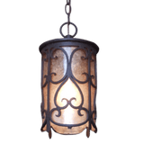 Elegant pendant light featuring intricate wrought iron designs and a warm, illuminated shade, perfect for enhancing any living space.