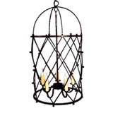 A pendant lighting fixture crafted from wrought iron, featuring a cage-like design with intersecting lines and elegant candle lights.