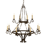 Elegant wrought iron chandelier featuring intricate scrollwork and multiple candle-style lights, enhancing any space with a warm, inviting glow.