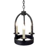 A decorative pendant featuring three candle-style lights, set within an elegant wrought iron frame. The design includes twisting details and a chain for hanging, ideal for adding a touch of warmth and charm to any space.