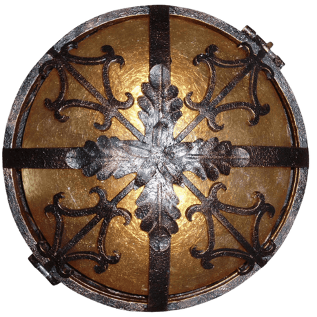 Intricately designed wrought iron ceiling fixture with a round shape, featuring ornate embellishments and a warm golden hue. This piece adds a rustic and elegant touch to any space, perfect for ambient lighting.