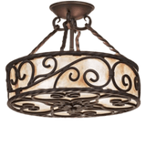 A beautifully crafted ceiling light featuring a round design with swirling wrought iron details and a warm amber glass shade. The fixture is suspended by sturdy chains, enhancing its elegant charm. Perfect for adding a touch of artistic sophistication to any space.