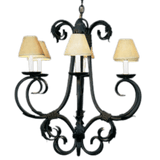 This elegant chandelier features ornate, swirling wrought iron with a rich black finish. It showcases four soft, beige lampshades that provide a warm, inviting glow, making it a perfect centerpiece for any room.