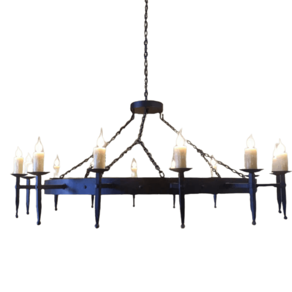 A large wrought iron chandelier featuring multiple candle-style lights. The design includes elegant arms and chains, creating a rustic yet refined ambiance.