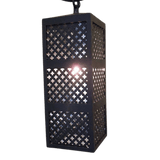 A beautifully designed wrought iron pendant light featuring intricate cutout patterns, allowing light to filter through in a captivating manner. The fixture has a sturdy rectangular shape, ideal for adding warmth and character to any space.