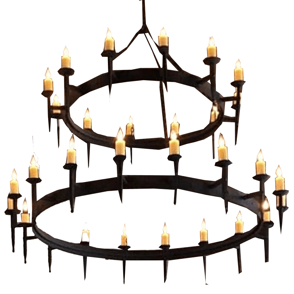 A large, two-tier chandelier featuring circular wrought iron frames adorned with multiple candle-like lights. Each frame is elegantly designed with a rustic finish, casting a warm and inviting glow, perfect for enhancing the ambiance of any space.