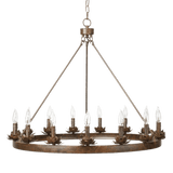 A rustic wrought iron chandelier featuring a circular design with ten candle-like bulbs, elegantly supported by slender arms and floral accents.