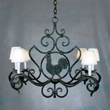 A beautifully crafted wrought iron chandelier featuring elegant curves and a central rooster motif. Six candle-style lights with white shades enhance its charm, perfect for adding sophistication to any space.