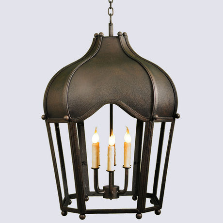 A beautifully crafted wrought iron pendant light featuring a curved, elegant design with a dome top and four candle-like bulbs. The fixture’s intricate detailing and dark finish enhance its classic appeal, making it a stunning focal point for any space.