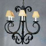 A beautifully crafted wrought iron chandelier featuring elegant curves and four lampshades. The intricate design showcases artistic flourishes, making it a stunning centerpiece for any room.